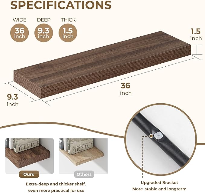 Dreamland 36 Inches Floating Shelves for Wall, 9.3" Deep Long Floating Shelves Set of 2, Large Display & Storage Shelf, Wall Shelf for Bathroom Bedroom Living Room Kitchen Office, Walnut