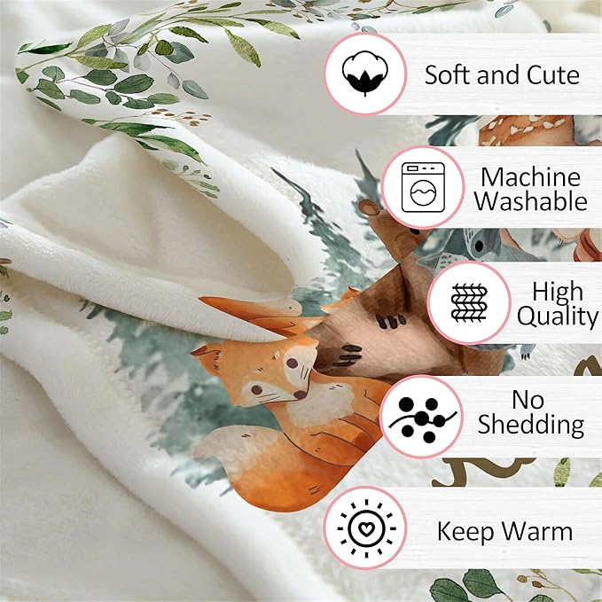 Ship Next Day, Personalized Receiving Baby Blankets for Boys, Custom Woodland Baby Boy Gifts Blanket with Name, Newborn Swaddle Toddler Blanket, Customized Blankets for Kids Christmas Birthday Gifts