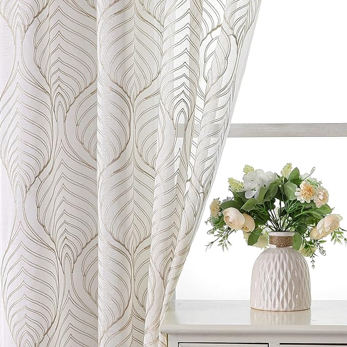 VISIONTEX Sheer Curtains 84 Inches Long 2 Panels Set Taupe Moroccan Embroidery Texture Geometric Rod Pocket Ivory White Voile Tulle Semi Window Treatment Pair for Bedroom Living Room 54 x 84 Inches
