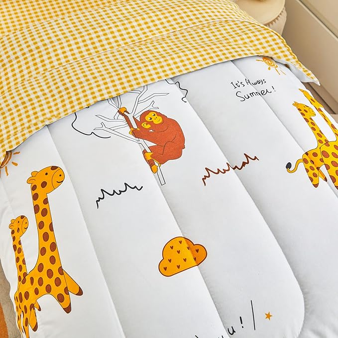 Flysheep 4 Piece White Toddler Bedding Set for Baby Girls and Boys, Cute Animals Printed - Includes Quilted Comforter, Flat Sheet, Fitted Sheet & Pillow Case, Soft Microfiber
