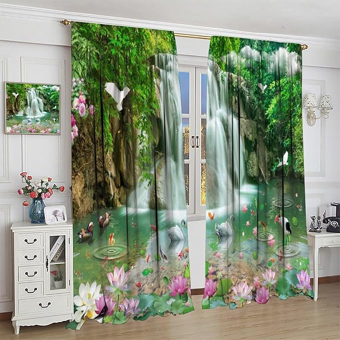 Scenery Waterfall Blackout Curtains, China Country Landscapes Nature Pattern Window Drapes, for Bedroom Living Room 52" W X 84" L