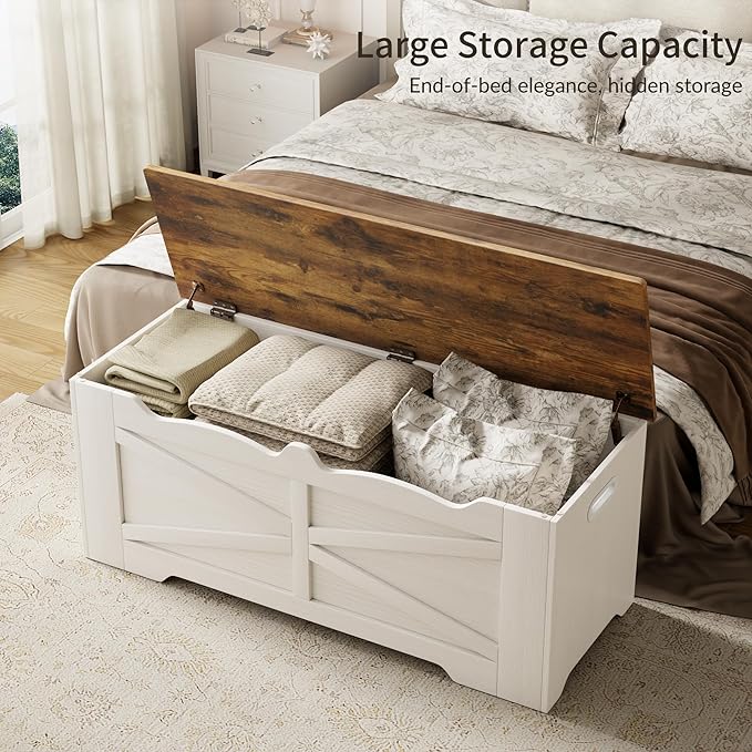 Storage Trunk, 47.2" Large Storage Bench for Bedroom, Lift Top Storage Chest, 300lbs Capacity Engineered Wood Entryway Bench with Storage, 2 Hinges for Living Room Hallway, White & Walnut