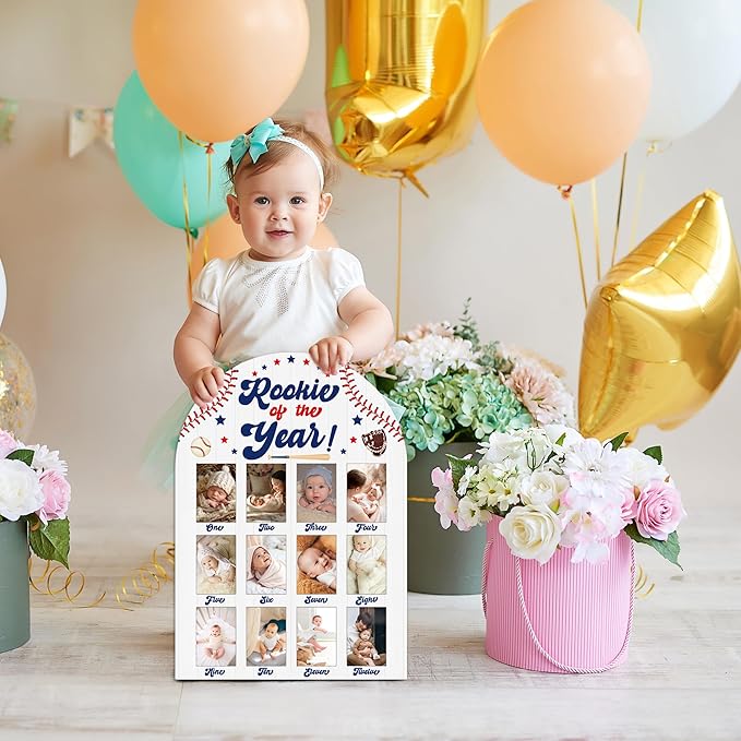 Baseball My First Year Photo Board, Rookie Of The Year Baby Milestone Signs for Boys Girls Nursery Decor, 12 Month Wooden Picture Board for 2x3 Photos, Best Babies Keepsake Gifts-A09