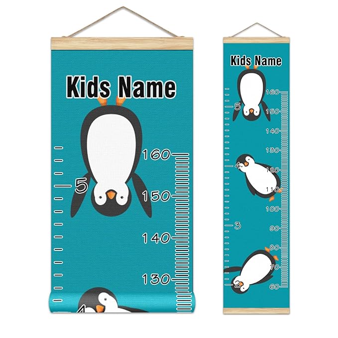 Personalized Kids Name Growth Chart Ruler for Wall Wood Frame Height Measure Chart 13.4x56 in Linen Hanging Height Growth Chart Penguin Blue Kids Room Decor