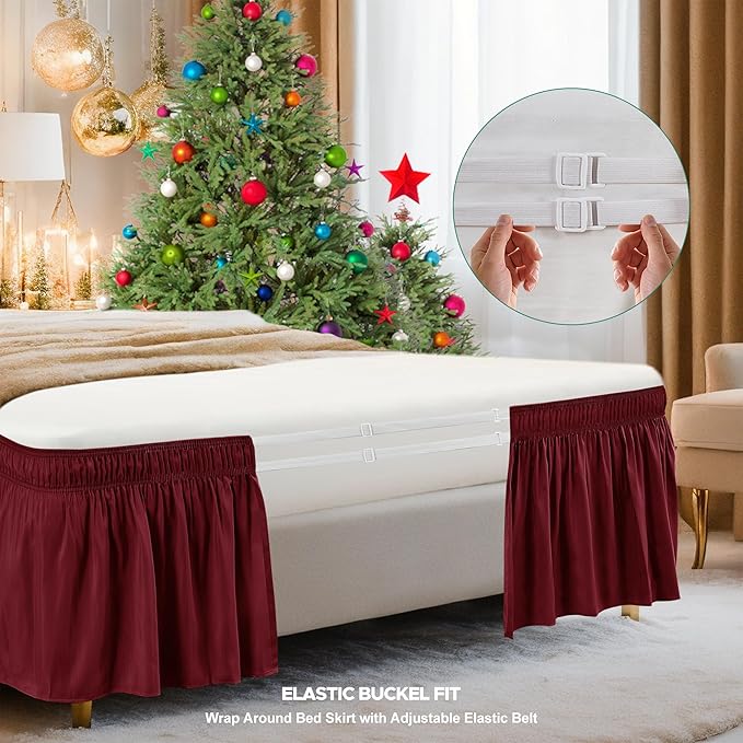 Biscaynebay Wrap Around Bed Skirts for Queen Beds 19" Long Drop, Burgundy Adjustable Elastic Dust Ruffles Easy Fit Wrinkle & Fade Resistant Silky Luxurious Fabric Solid Machine Washable