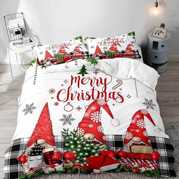 LUVIVIHOME 3PCS Christmas Gnome Duvet Cover Queen, Christmas Bedding, White Duvet Cover Holiday New Year Xmas Santa Swedish Tomte Snowflake Red Black Buffalo Plaid Comforter Quilt Cover 2 Pillow Shams