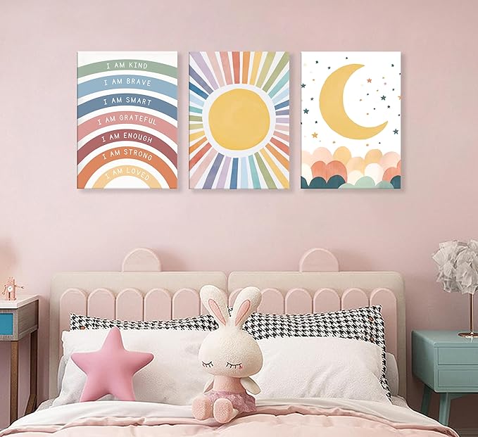 KBIERQN 3Pcs Boho Sun moon Canvas Wall Art Nursery Positive Affirmations Rainbow Poster Prints Bohemian Star Heart Picture for Toddler Baby Girls Room Playroom Bedroom Wall Decor 16x24in Framed