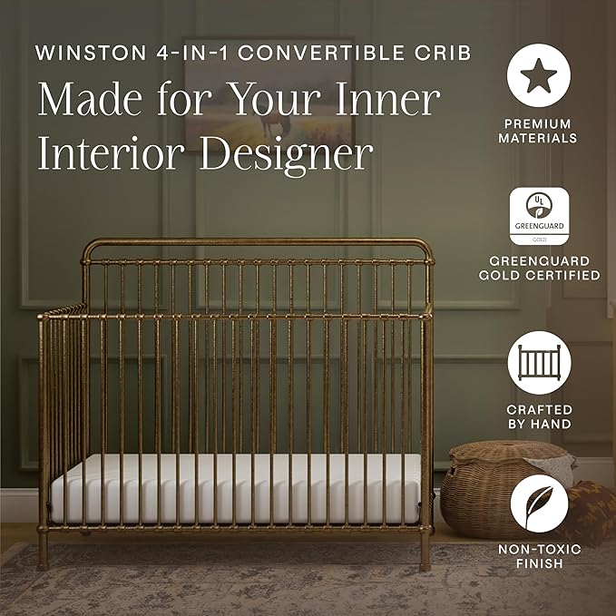 NAMESAKE Winston 4-in-1 Convertible Crib - GREENGUARD Gold Certified Metal Baby Crib Convertible to Toddler Bed, Daybed, Full Size Bed w/ 4 Mattress Heights - Vintage Gold Bedside Crib for Baby