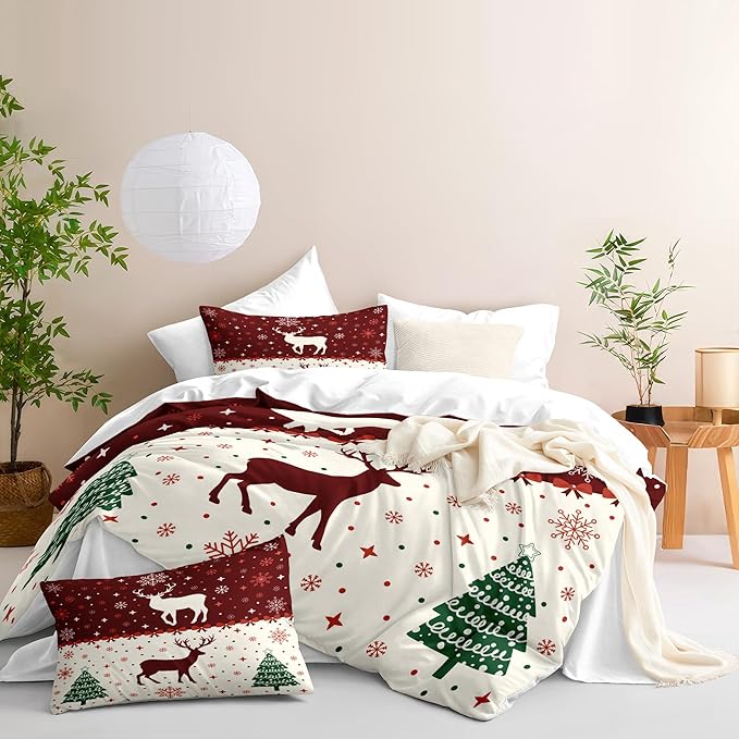 Christmas Duvet Cover Full Size Red Bow Deer Bedding Set 3 Pcs Kids Boys Girls Xmas Christmas Tree Comforter Cover with Zipper Closure (No Comforter)