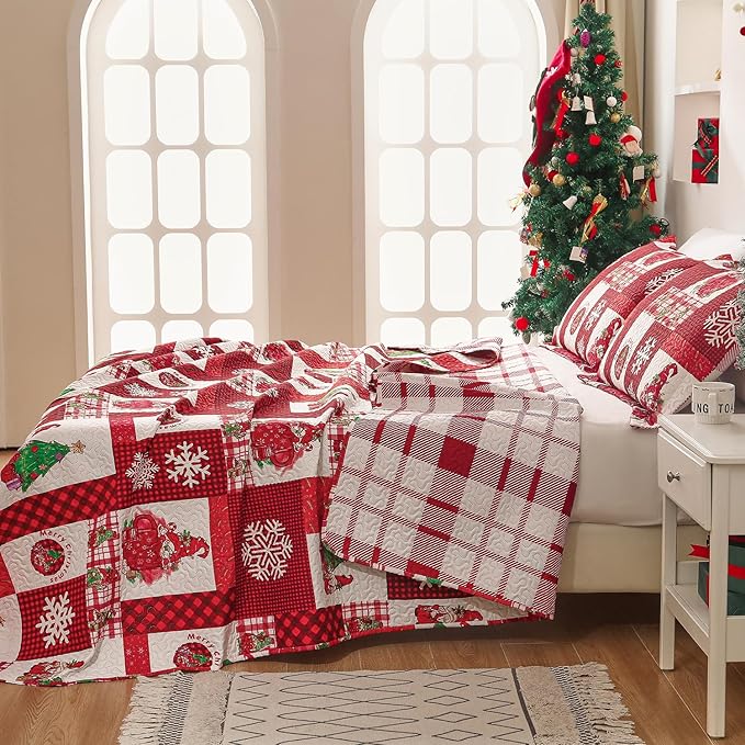 Cuddle Sofia Christmas Quilt Set: Twin Size, Red Plaid Gnome Christmas Decor, Lightweight Reversible Bedspread