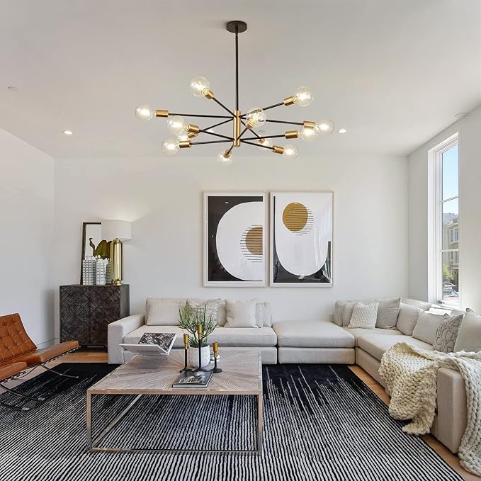 Modern Chandelier Ceiling Light Fixture Sputnik Chandeliers Gold and Black Farmhouse Chandelier Over Table 12-Light Height Adjustable Chandeliers for Dining Room, Living Room,Kitchen Island