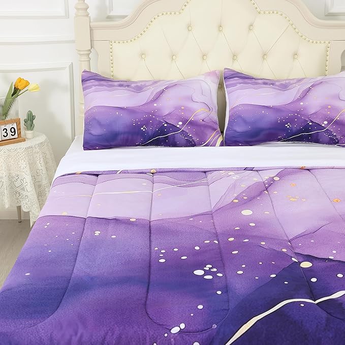 Purple Comforter Set Twin: Light Purple Marble Bedding Sets for Girls Teens Kids Aesthetic Gold Glitter Abstract Marbling Quilts Mauve Pastel Bed Set 2 Piece