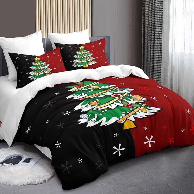 Christmas Duvet Cover Twin Size Black Red Christmas Tree Bedding Set 2 Pieces Kids Boys Girls Xmas Couple Holiday Comforter Cover with Zipper Closure and 1 Pillowcase (No Comforter)
