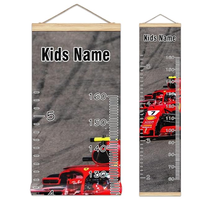 Personalized Kids Name Growth Chart Ruler for Wall Wood Frame Height Measure Chart 13.4x56 in Linen Hanging Height Growth Chart Race Car Kids Room Decor