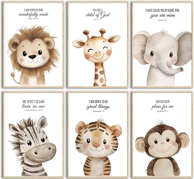 6Pcs Nursery Bible Verse Animal Wall Art Cute Woodland Animals Christian Picture Wall Decor Lions Elephant Giraffe Poster Print Artwork for Classroom BabyBedroom Boys Girls Home Decoration Unframed