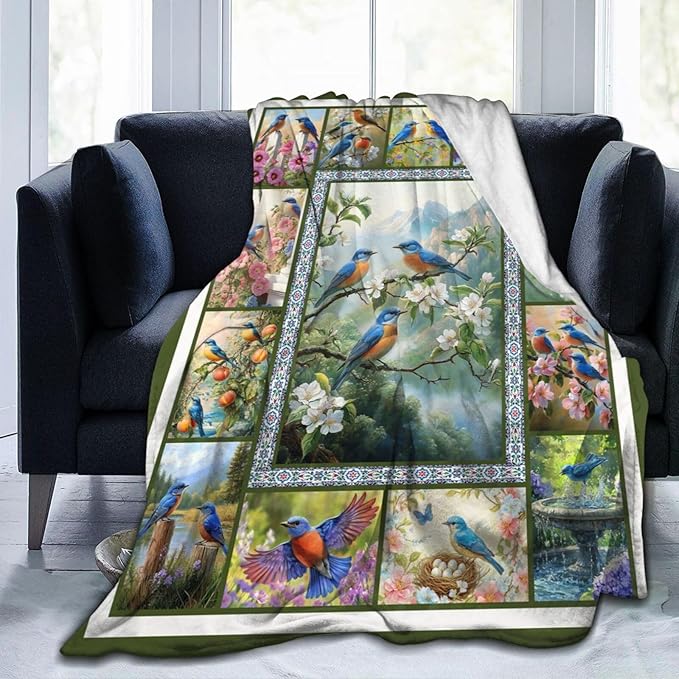 Blue Hummingbirds Blanket Moutain Flowers Bird Throw Blankets Gifts for Girls Boys Women Cozy Warm Soft Fuzzy Flannel Throw Plush Stuffed Animal Fleece Gifts for Kids Men Women for Sofa Bed 50" x60"