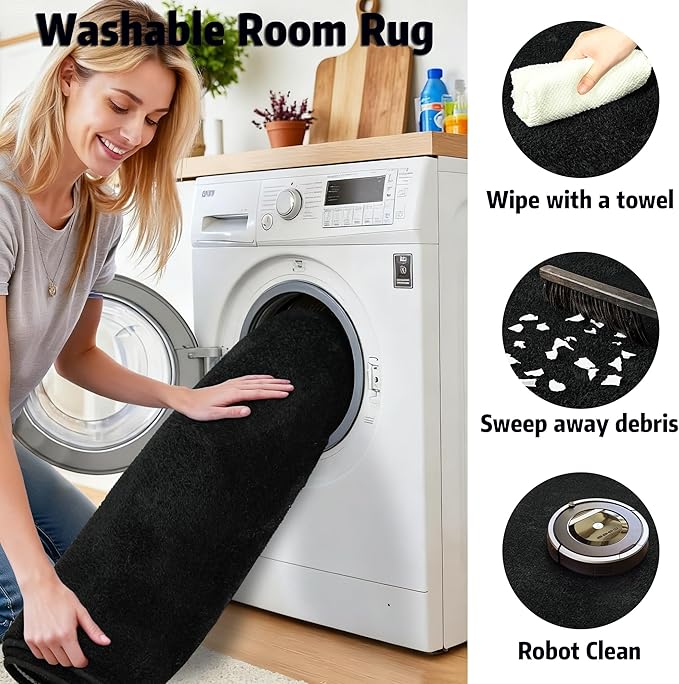 Chicrug 7x10 Minimalist Washable Area Rugs for Bedroom Living Room Classroom, Modern Soft Memory Foam Rug for Kids Nursery, Low Plie Indoor Carpet for Dorm Dining Office Bedside Room Decor, Black