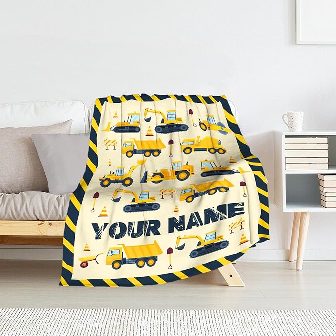 Personalized Construction Blanket for Kids - 30" x 40" Inches Cute Throw Blanket for Boys - Yellow Lightweight Furry Throw for Lap, Couch, Office
