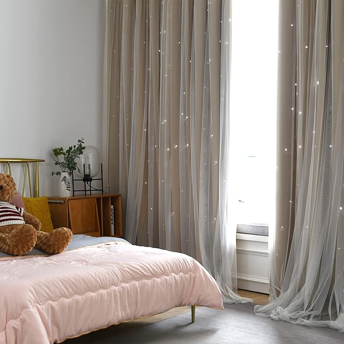 Kinryb Kids Blackout Curtains for Bedroom/Living Room/Classroom, Sheer Overlay 2 Panel Set, Double Layer Curtains with Star Cutout for Kids Room(Each Piece W 70 x L 84 Inches 2 Pcs Beige)