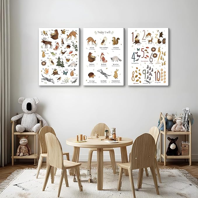 3Pcs Animal Alphabet Numbers Canvas Wall Art Classroom Nursery Painting Educational ABC Poster Prints Kids Playroom Picture Positive Affirmations Animal Wall Decor for Boy Girl Room 16x24in Framed