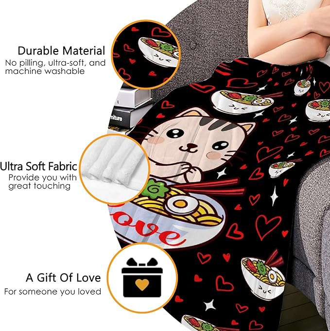 Thuswarm Kawaii Ramen Cat Red Heart Love Flannel Throw Blanket Warm Cozy Soft Funny Print Blankets for Bed Couch Sofa Room Decoration Gifts 60"×50" Medium for Teen