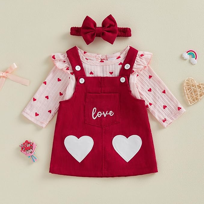 FIOMVA My First Valentines Day Outfit Clothes Baby Girl Romper Love Onesie Heart Embroidery Overalls Suspender Dress Set