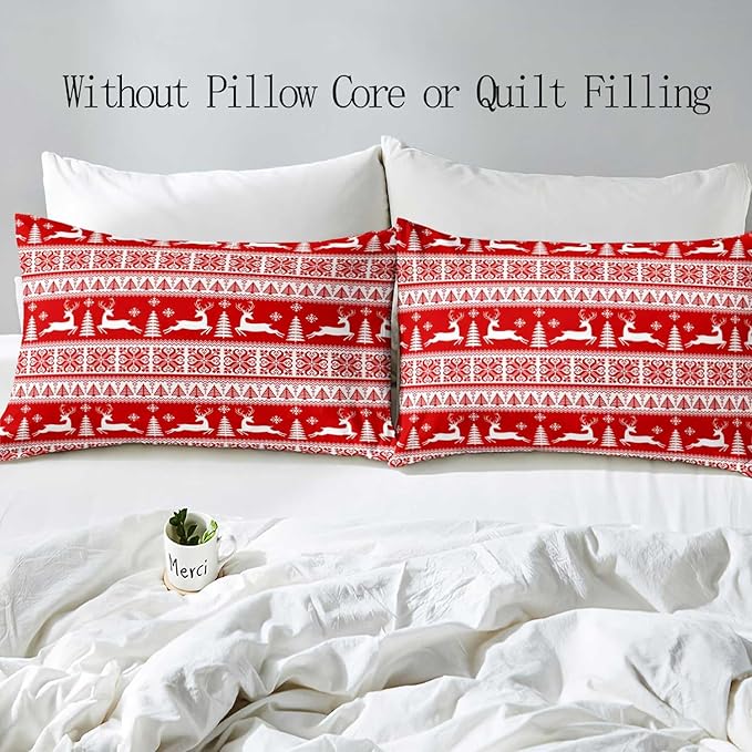 LUVIVIHOME 3PCS Christmas Duvet Cover Queen Bedding Sets, Red Duvet Cover, White Reindeer Snowflake Christmas Tree Winter Holiday New Year Xmas Striped Comforter Quilt, 2 Pillow Shams