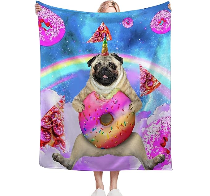 Pug Blanket Funny Pug Gifts for Girls Boys Woman Kids Doughnut Pizza Lover Dog Throw Blankets Soft Blanket Warm Fleece Flannel Plush Blankets for Bed Sofa Couch 50"x60"