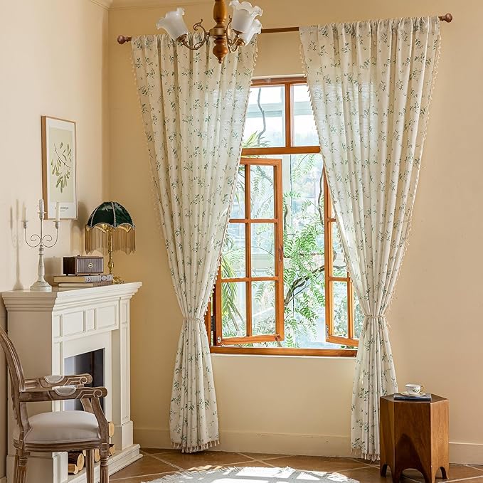 ENJOYBRIDAL White Floral 84 Inch Curtains 2 Panel Set Bedroom Tassel Drapes Boho Decor Semi Sheer Living Room Window Curtain Panels Rod Pocket Patterned Cute Rustic Window Treatments