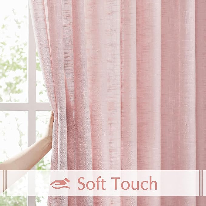 FMFUNCTEX Linen Semi Sheer Curtains for Bedroom, Blush Pink Curtains 96 Inches Long for Living Room, Country Farmhouse Sheer Drapes, Light Filtering Window Curtain, Grommet Top 2 Panels