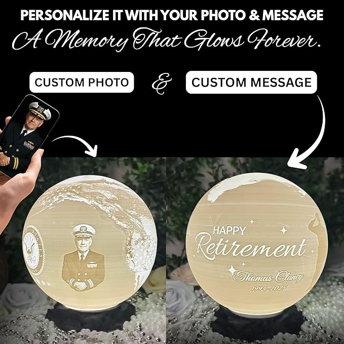 Personalized U.S. Navy Moon Lamp with Custom Photo & Text - Custom Army Moon Night Light with U.S. Navy Logo - Gift for Sailors, Veterans, Soldiers & Military Families