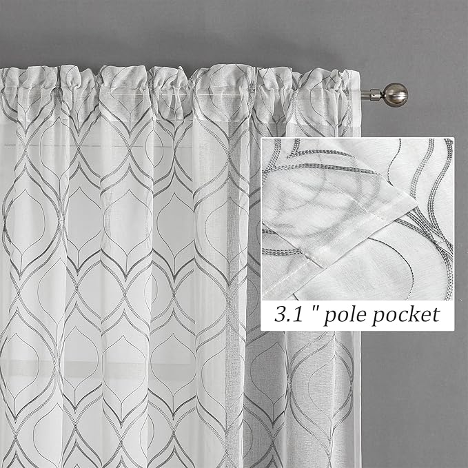 VISIONTEX White Sheer Curtains 95 Inches Long 2 Panels Set Grey Moroccan Embroidered Curtains Trellis French Textured Rod Pocket Voile Tulle Semi Window Drapes for Bedroom Living Room 54 x 95 Inches