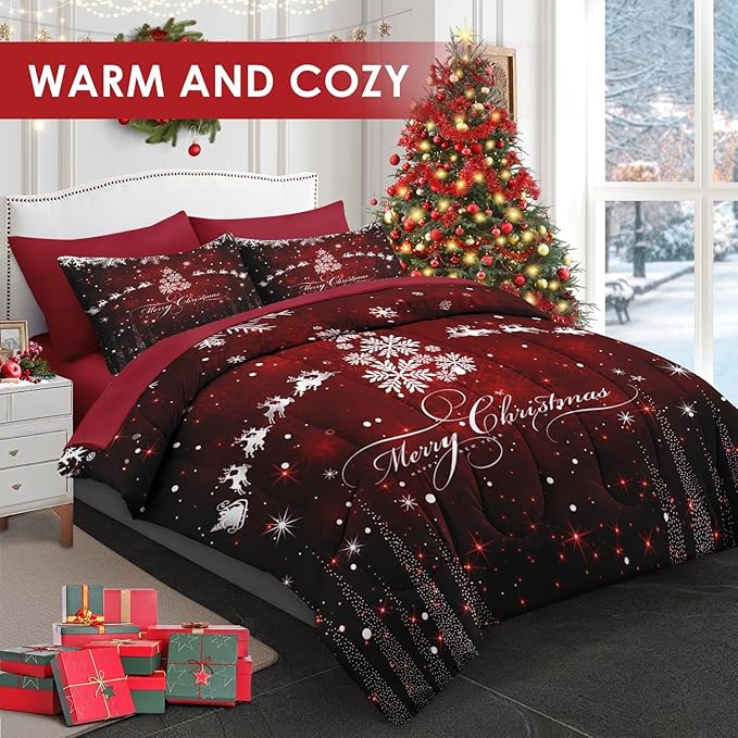 5 Pcs Twin Size Christmas Comforter Set with Pillowcase & Sham, Dark Red Winter Snowflake Bedding for Kids and Adults, Merry Xmas Bed in a Bag with Flat Fitted Sheet