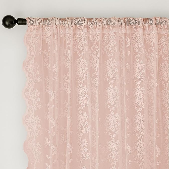 Anmao Vintage Lace Curtains 45 Inches Long 2 Panels Set, Romantic Elegant Light Filtering Semi Sheer Floral Thick Lacy Curtain Drapes for Living Room and Bedroom, Each Panel 55W x 45L, Blush Pink