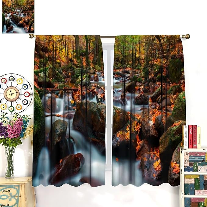 Autumn Waterfall Blackout Windows Curtains, Nature Autumn Forest Farmhouse Window Drapes, for Living Room Bedroom 55" W X 63" L