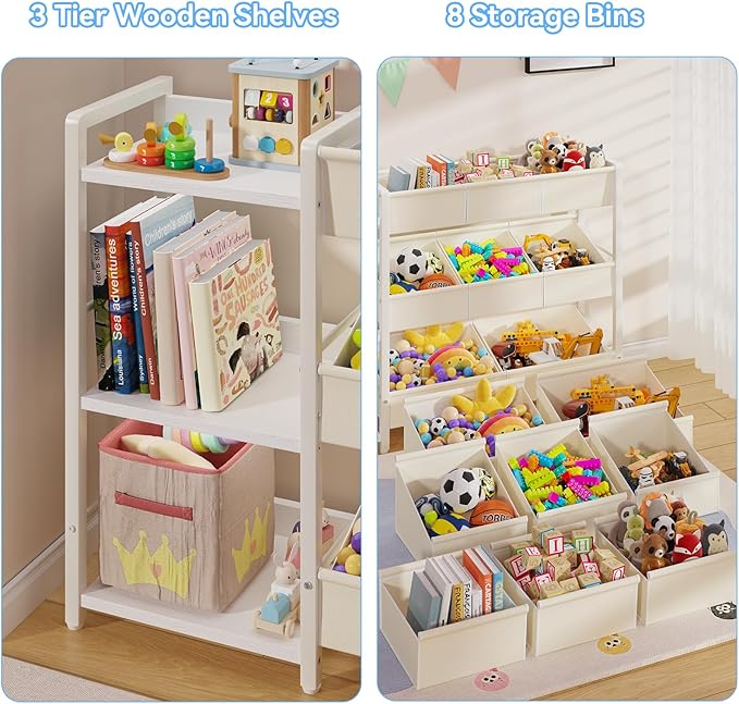 B7 Toy Storage Organizer with 3-Tier Wooden Shelves and 8 Bins, Toy Chest Storage, Toy Shelf Organizer, Kids Bookshelf and Toy Storage for Kids Room, Bedroom, Playroom, Nursery, White