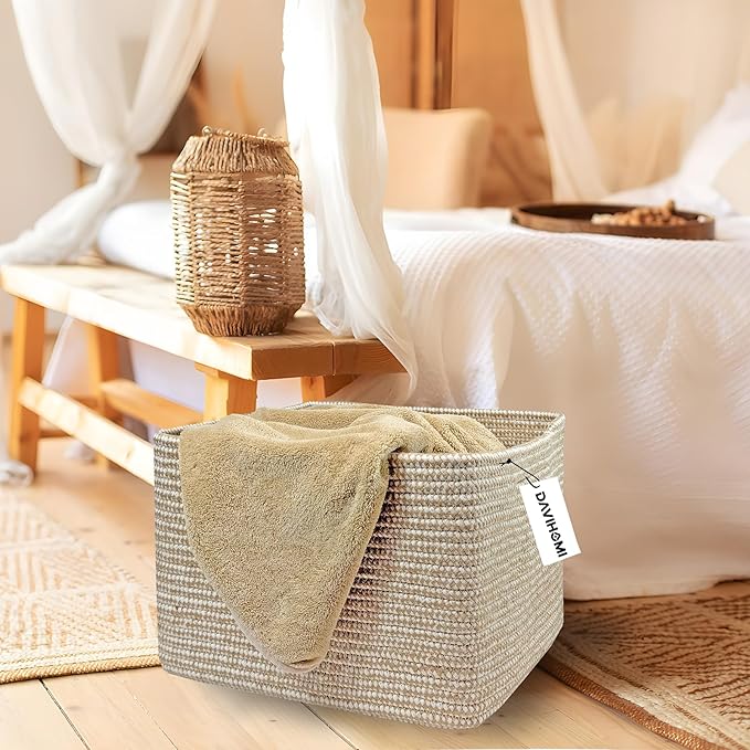 Square Woven Cotton Rope Basket for Organizing, Gift Baskets for Handles, Empty Gift Baskets, Toy Basket for bins|13.5" x 11" x 9.5" home decor for Living Room, Bathroom（Flax and White）