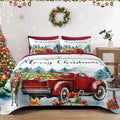 Christmas Full/Queen Size Quilt Set, Red Vintage Truck Elk Lightweight Bedspread Coverlet with Pillow Shams for Kids and Adults, Winter Forest 3 Pcs Bedding Bed Cover