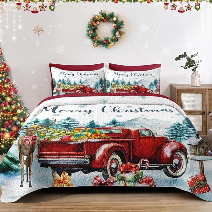 Christmas King Size Quilt Set, Red Vintage Truck Elk Lightweight Bedspread Coverlet with Pillow Shams for Kids and Adults, Winter Forest 3 Pcs Bedding Bed Cover