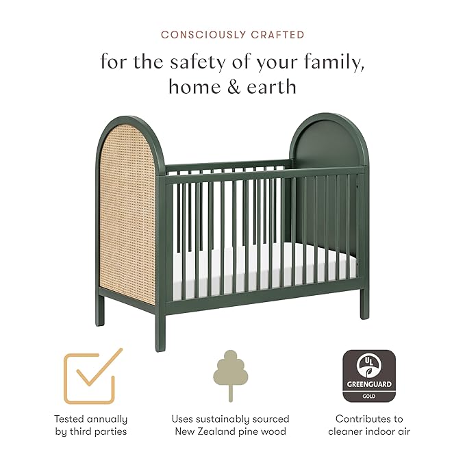 Babyletto Bondi Cane 3-in-1 Convertible Baby Crib - GREENGUARD Gold Certified Convertible Crib to Toddler Bed & Daybed - Wooden Baby Bed - 4 Adjustable Heights - Made of 100% Solid Wood - Forest Green