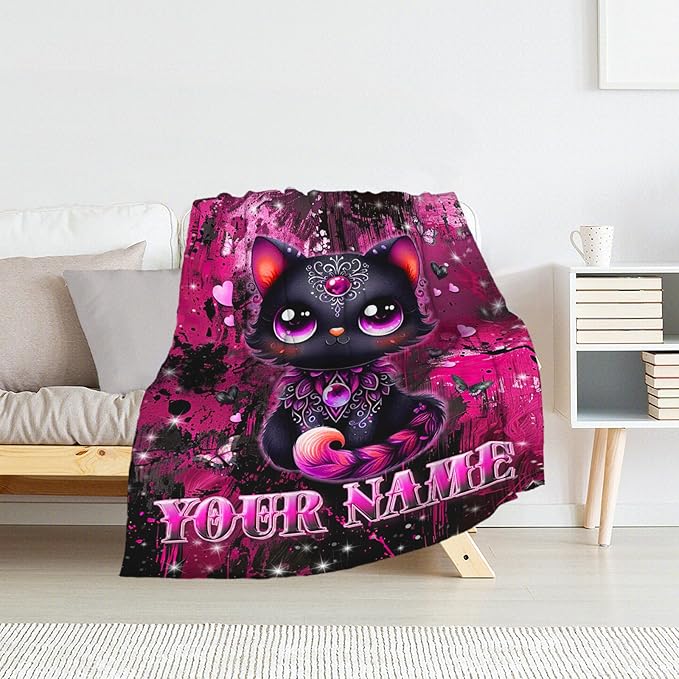 Personalized Cat Blanket for Women - 60" x 80" Cat Lover Gifts for Girls, Adults - Soft Plush Gothic Black Throw Stuff for Home, Sofa