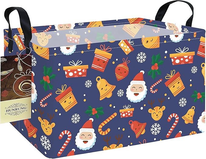 HUNRUNG Rectangle Storage Basket Cute Canvas Organizer Bin for Pet/Children Toys, Books, Clothes Perfect for Rooms/Playroom(REC-Blue Christmas Bell)