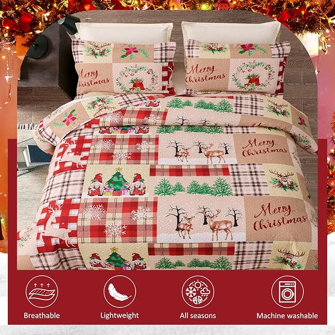 Christmas Bedding Set King Christmas Quilt Bedspread,Gnome Santa Claus Plaid Patchwork Xmas Quilt Set Bedding Holiday Christmas Quilts Decor Gift Elk Pattern Lightweight Reversible Bedspread Coverlet