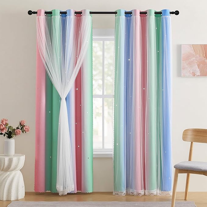 XiDi Girls Curtains for Bedroom 63 Inches Long 2 Panels Pink Green Blue Rainbow Blackout Curtains for Little Girl Kids Room Decor Living Room, Princess Unicorn Wall Decals Drapes 52x63
