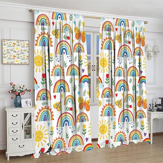 Boho Rainbow Curtains for Kids Nursery Colorful Floral Sun Star Clouds Pastel Bohemian Pattern Print Window Drapes for Girl Bedroom Living Room Kitchen Decor,2 Panel Set,84Wx84H Inch Blackout