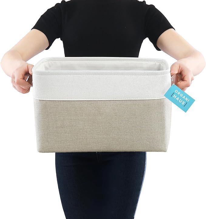 OrganiHaus Large Fabric Storage Baskets for Shelves 3 Pack, 15x11in Closet Storage Bins for Shelves, Canvas Baskets for Organizing, Linen Closet Organizers, Cloth Basket, Beige/Off-White