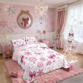Cute Bow Tie Comforter Set King Size,Girly Bowknot Snowflake Dots Kids Bedding Set,Merry Christmas Winter Princess Quilt Comforter,Pink White Duvet Insert,2 Pillowcases