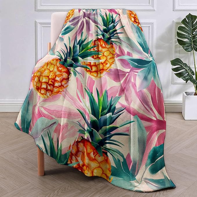 Watercolor Pineapple Blanket Gifts for Adults Kids Soft Warm Lightweight Cozy Tropical Pink and Green Foliage Throw Blankets for Bed Sofa Couch Living Room Decor 50x60in