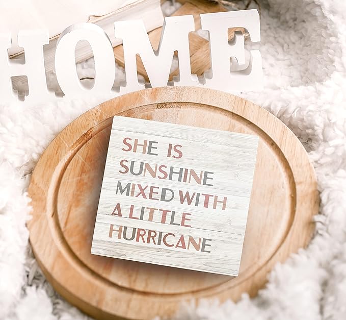 SRADMO She Is Sunshine Mixed with a Little Hurricane Boho Wood Box Sign Desk Decor, Baby Girls Inspirational Quotes Wooden Block Box Sign Decoration For Girls Room Nursery Playroom Shelf Table Decor