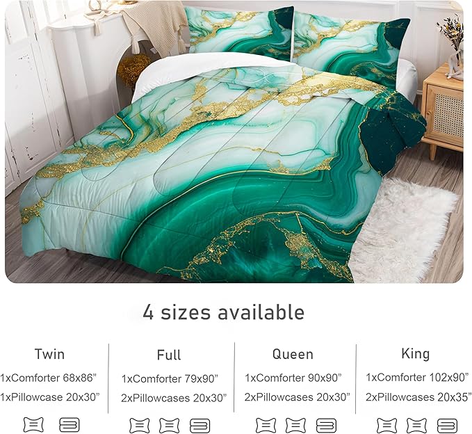 Comforter Set Green Marble: King Size Emerald Green Gold Glitter Bedding Set for Women Adult Girls Bedroom Abstract Turquoise Marbling Quilt Bed Sets 1 Comforter & 2 Pillowcases